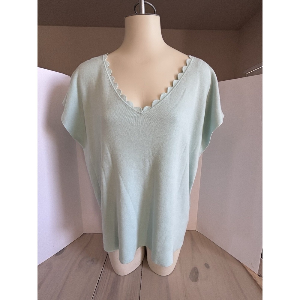 Talbots Light Blue Knit Pullover Top Scalloped V Neck Cap Sleeve Plus‎ Size 2X
